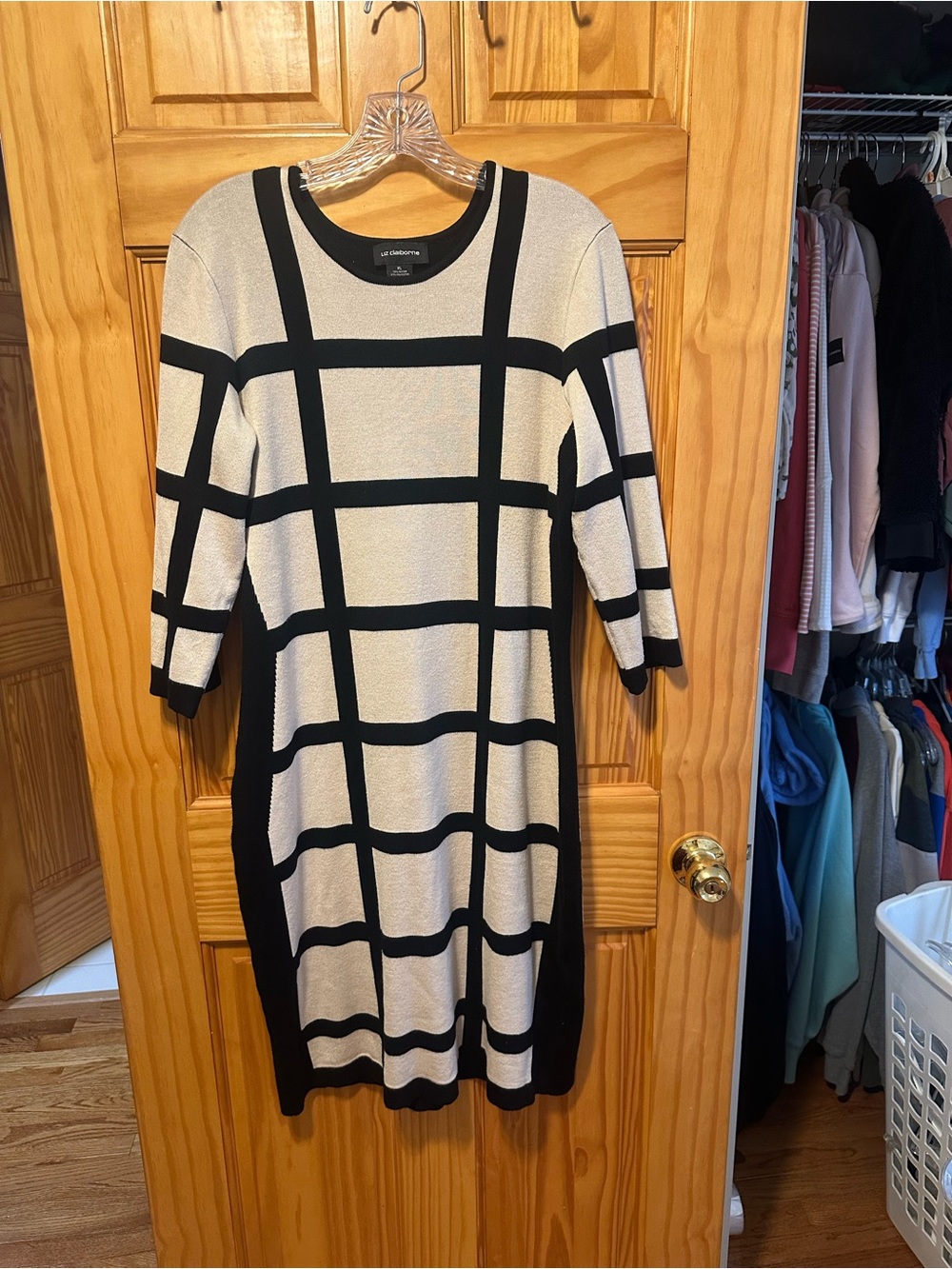 Liz Claiborne Black and Cream Windowpane Midi Dress